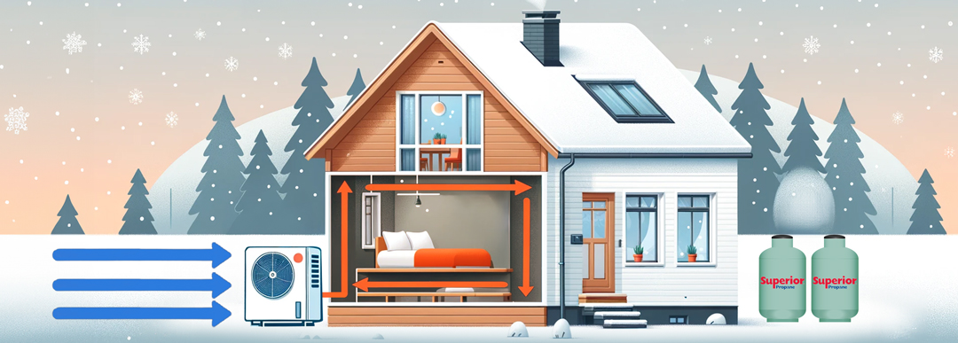 graphic of a house in a winter scenery with a heat pump